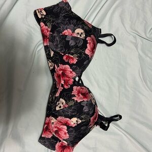 Torrid Black and Pink Floral Skull Bra